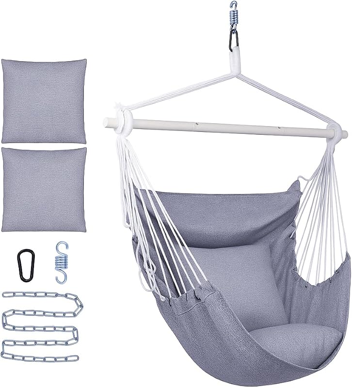 Backyard Expressions Hanging Hammock Chair Swing with Cushions & Hanging Kit – 500 lb Capacity, Cotton Blend Fabric, for Indoor/Outdoor Use – Includes Chain, Hooks & Spring – 5 Colors (Charcoal)