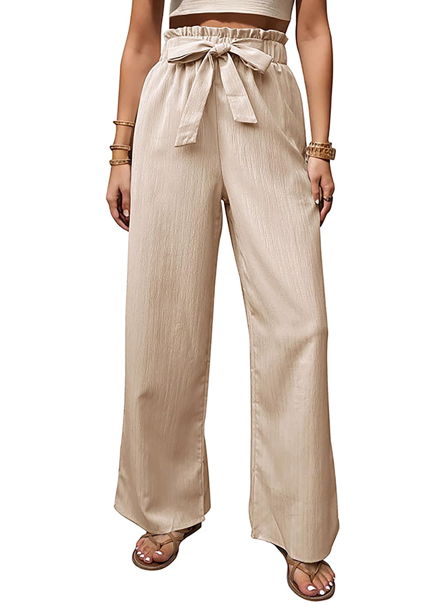 Womens Wide Leg Pants High Waist Adjustable Knot Casual Long Trousers Loose Pants