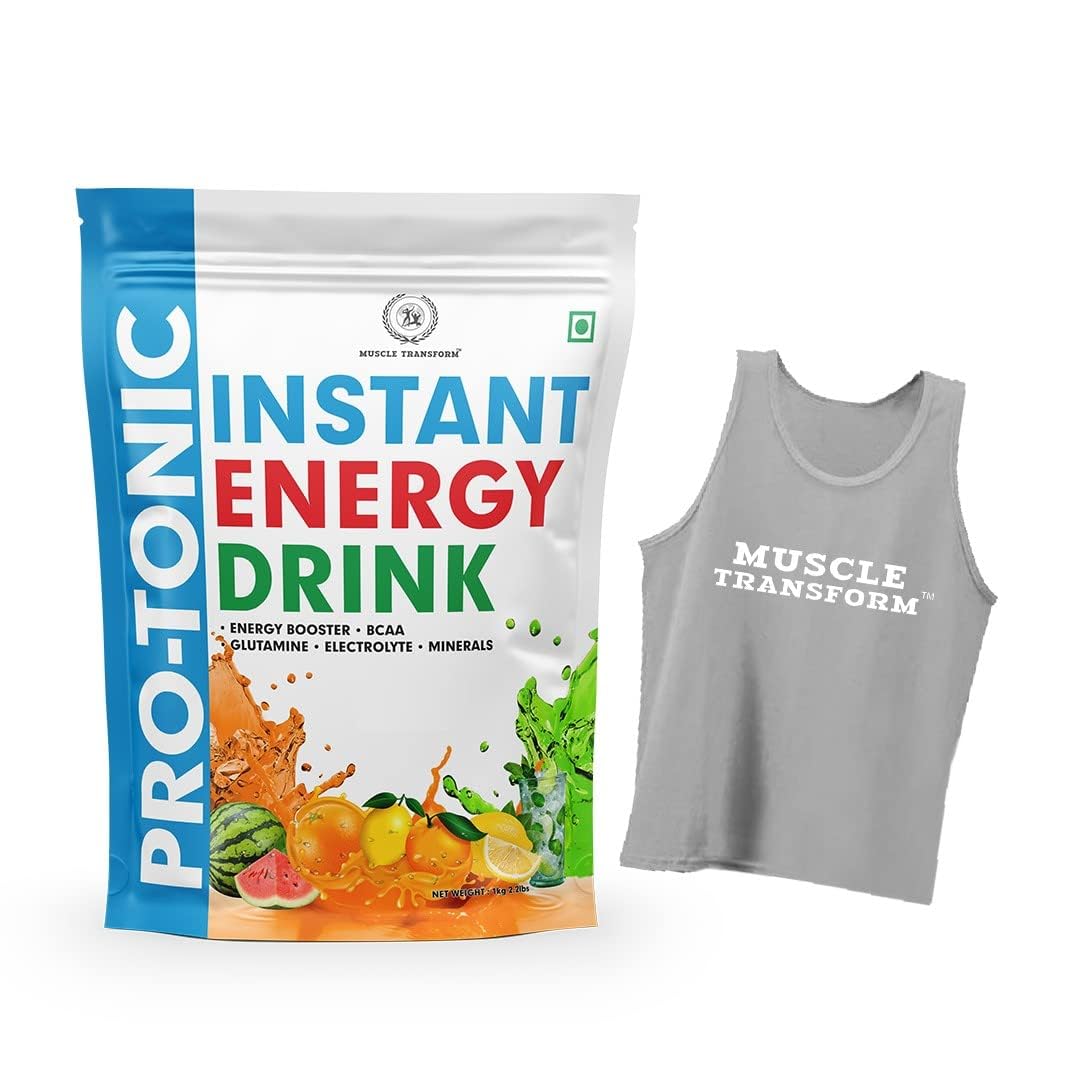 MUSCLE TRANSFORM Isotonic Instant Energy Drink Formula, Extended Workout Electrolyte Energy Drink with Anabolic Stack 2:1:1 BCAA, Dextrose Monohydrate and L-Glutamine | 833mg Electrolytes [32 Servings, Mojito Flavor] Free Gym Vest