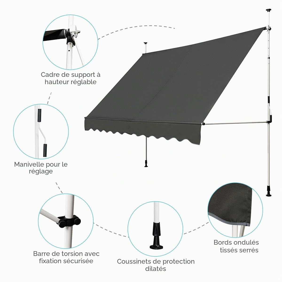 FANTASK Store de Balcon à Serrage de 300 cm de Large avec manivelle, réglable en Hauteur sans perçage, résistant aux UV, imperméable, Store de Soleil (Gris)
