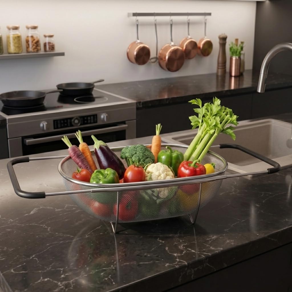 MGE - Scolapasta Acciaio Inox Maglia Fine - Colino Acciaio Inox Maglia Fine - Colino Cucina - Scolapasta con Manico, Filtro per Pasta, Riso, Verdura - Scola Pasta da Cucina Acciaio Inox - 34 x 24 cm