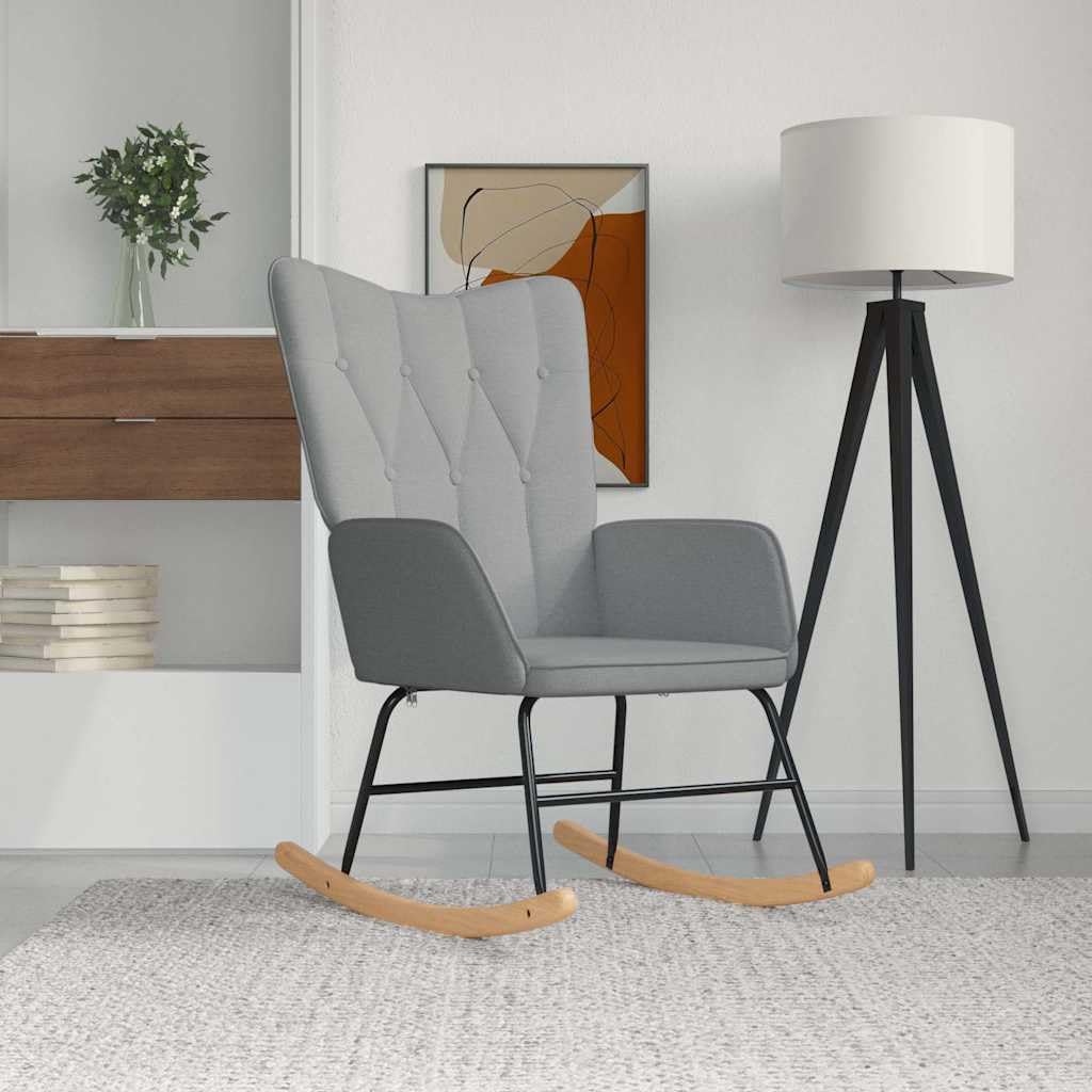 Poltrona a dondolo in tessuto grigio chiaro con imbottitura e telaio in legno, 61 x 78 x 98 cm, sedia relax per soggiorno, con braccioli e schienale ergonomico per rilassarsi e allattare
