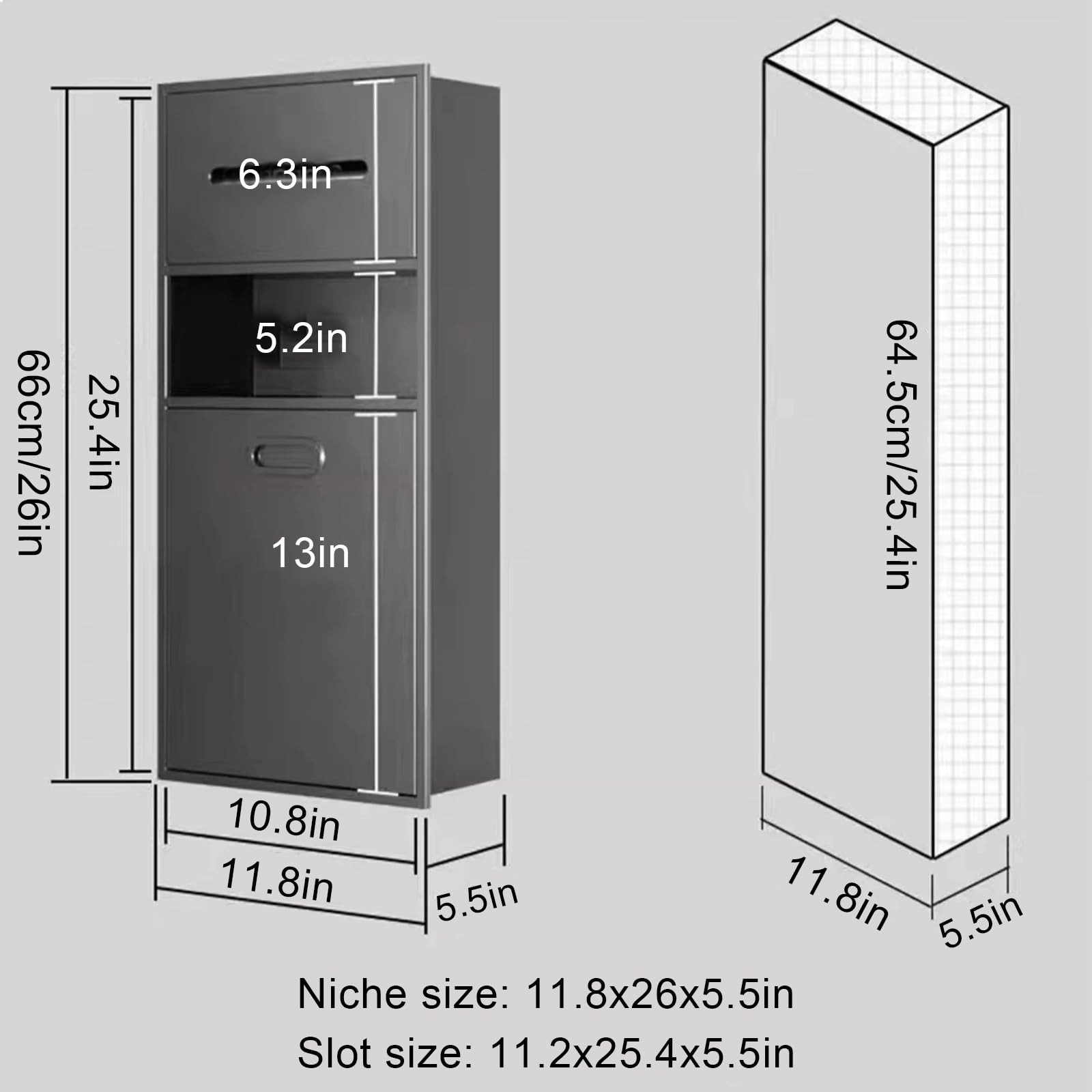 Generisch Stilvoller, eingelassener Toilettenpapierhalter aus grauem Edelstahl mit integriertem Abfallbehälter – Verschiedene Größen (19,8 x 66 x 14 cm) für eine Elegante Badezimmerorganisation