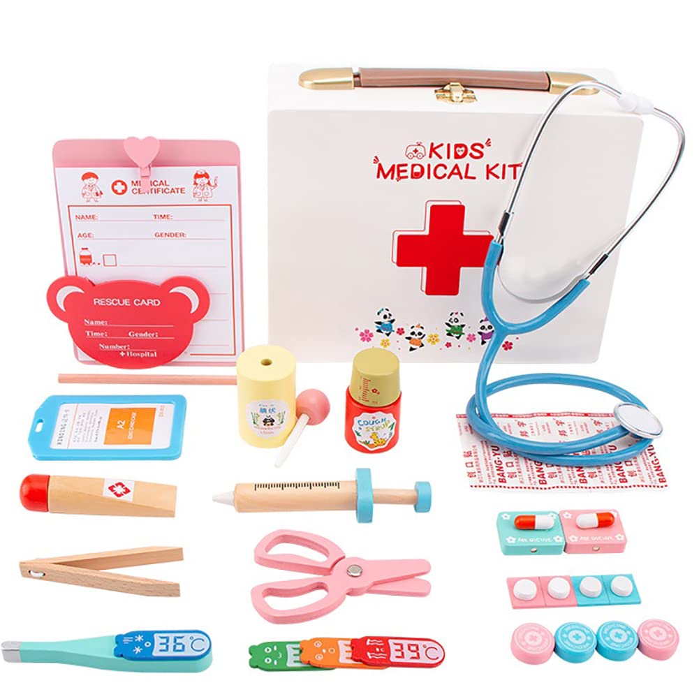 YelaJoy Doctor Set for kids Wood Toys with Medical Kit Storage Aid Box for Kids Stethoscope Red Cross Party Role Playset School Classroom Education(20 PC Set)