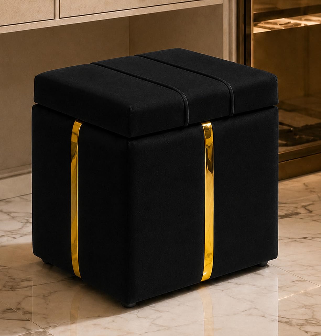 Velvet Storage Ottoman Bench with Hidden Storage | Upholstered Puffy Pouffe Foot Rest Stool for Living Room, Bedroom & Dressing Room | (Black)-image-44