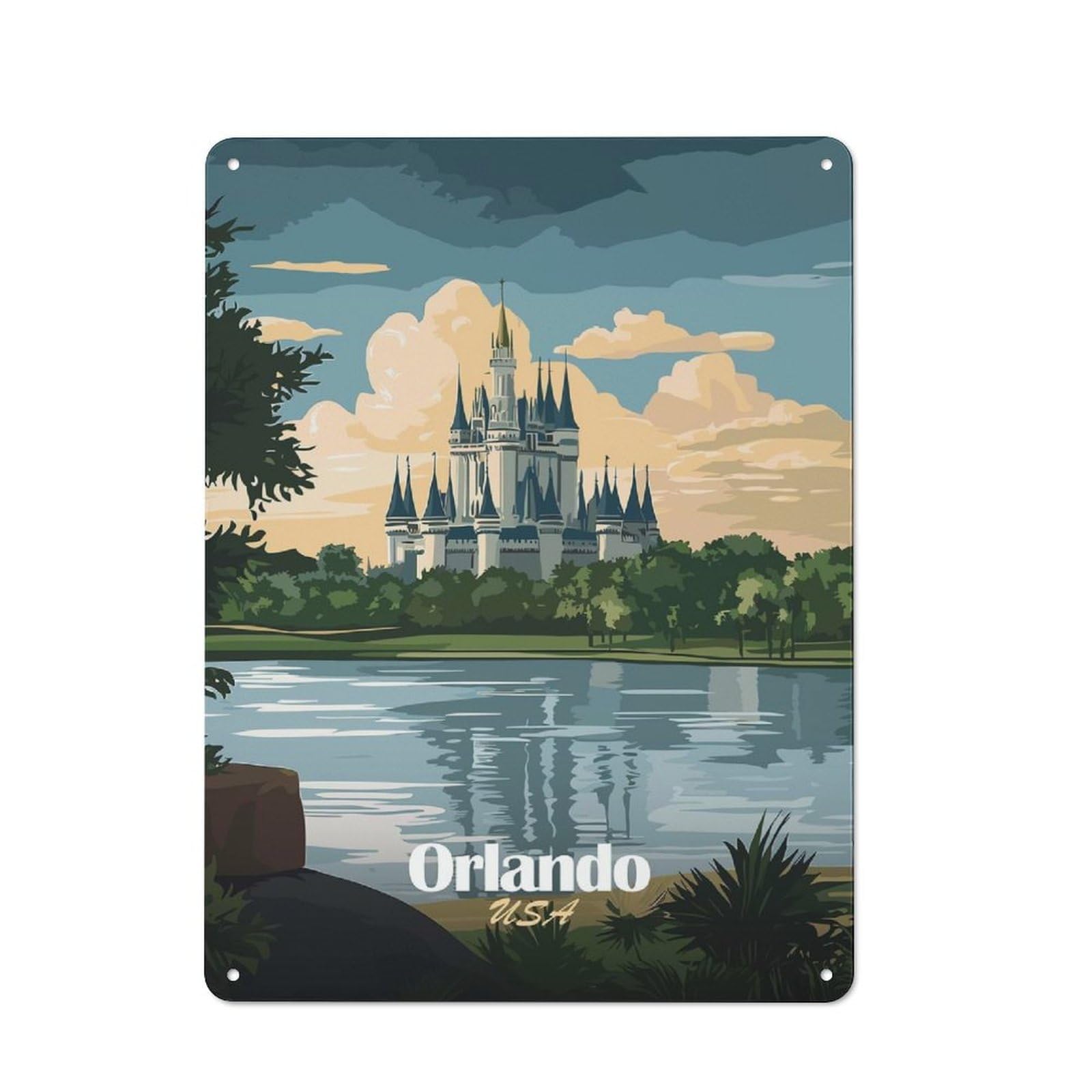 Junmoney Style-23 Decorative Tin Plaque With Orlando Castle Landscape Design 40X30cm, Decorative Novelty Wall Art For Bedroom, Kitchen, Office Or Living Room