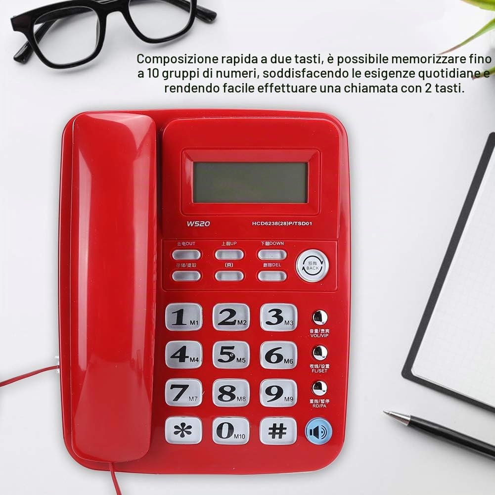 Telefono Vivavoce Fisso, Selezione Rapida a Due Tasti Telefono Aziendale Semplice e Conveniente a Risparmio Energetico per Office Home Hotel(Rosso)