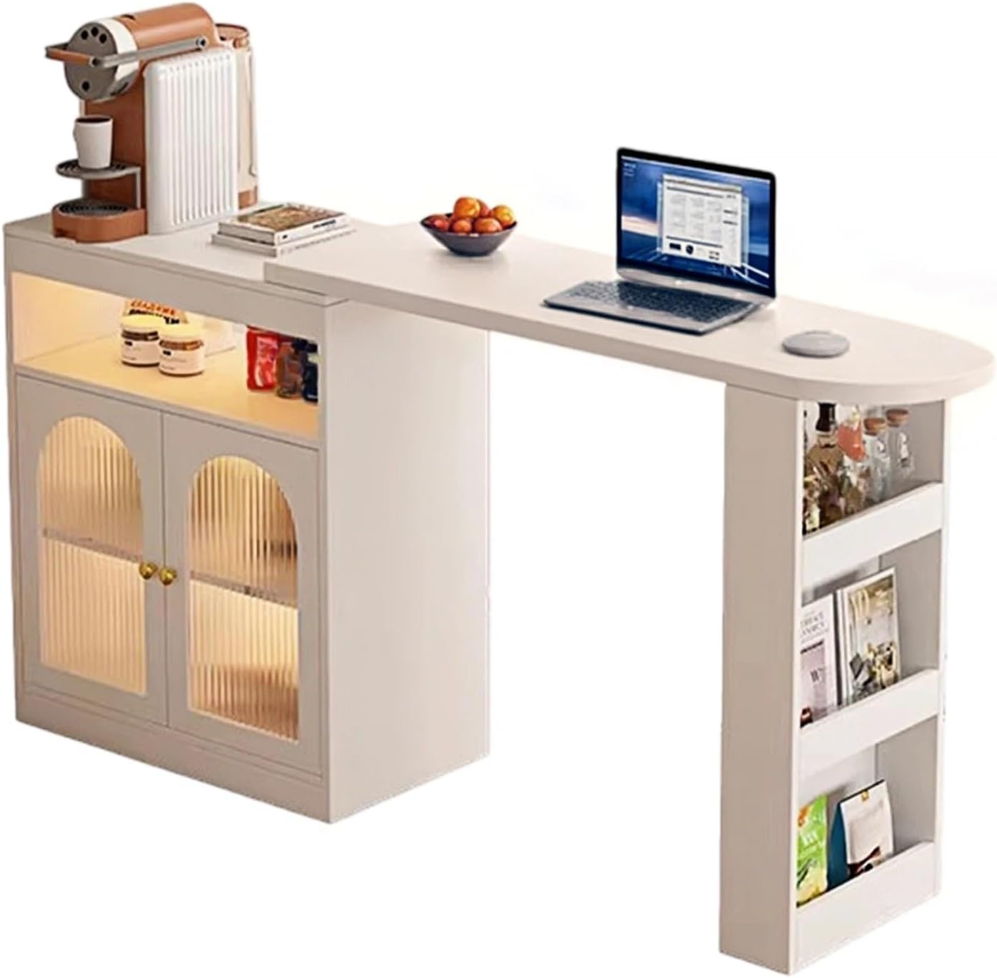 Storage Trolley Extendable Rotating Bar Cabinet & Kitchen Storage Island 360° Swivel Desk Shelving Organizer(White)