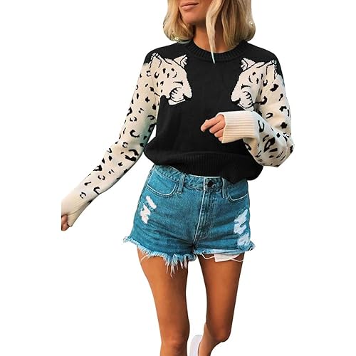 JUNBOON Women’s Casual Leopard Print Knitted Pullover Sweaters Long Sleeve Crew Neck Jumper Tops