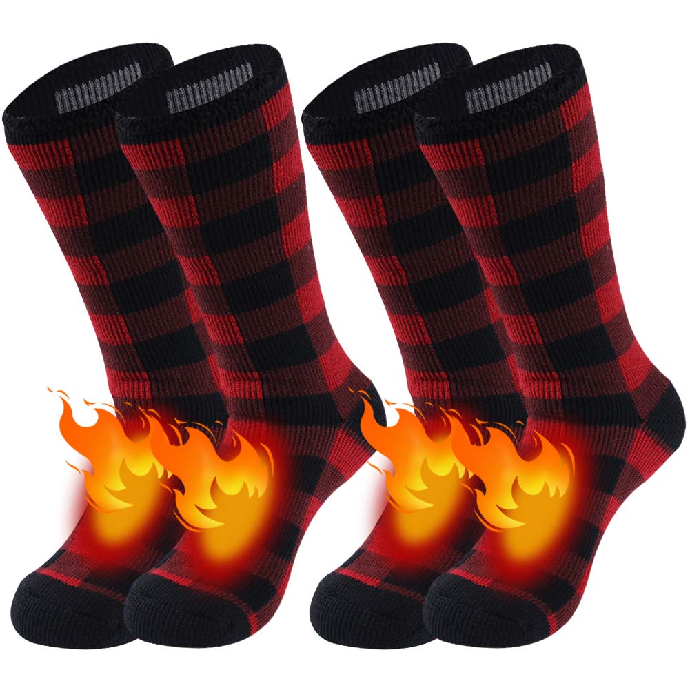 Warm Thermal Socks, Sunew Unisex Thick Insulated Heated Winter Heavy Crew Socks - 2 Pairs Red&black Plaid Winter Boot Socks Large