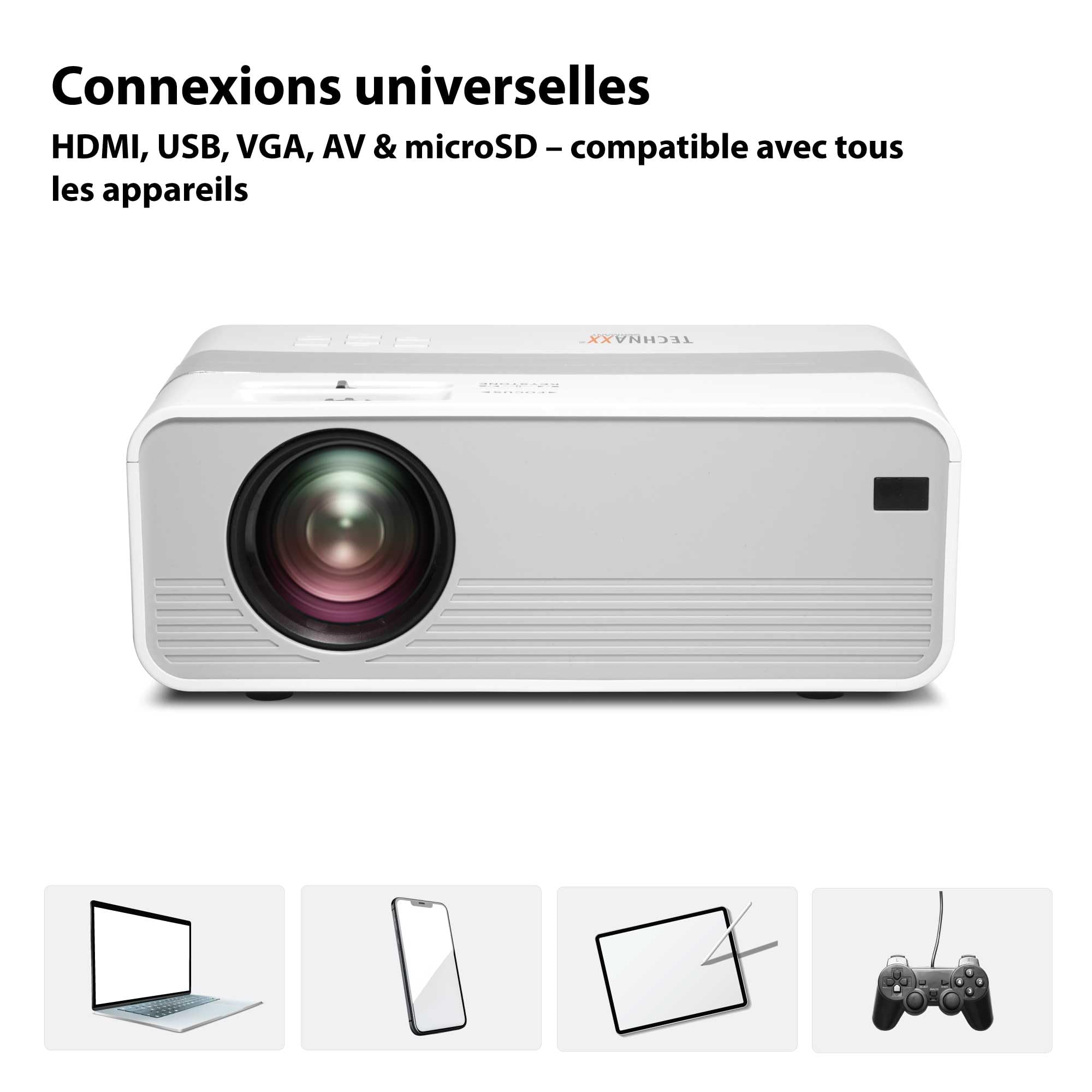 Technaxx Mini-LED HD Projecteur – Vidéoprojecteur Portable avec Résolution HD 720P, Écran 176", LED 40.000h, HDMI/USB/VGA/AV/microSD – Home Cinéma, Jeux & Présentations - TX-127