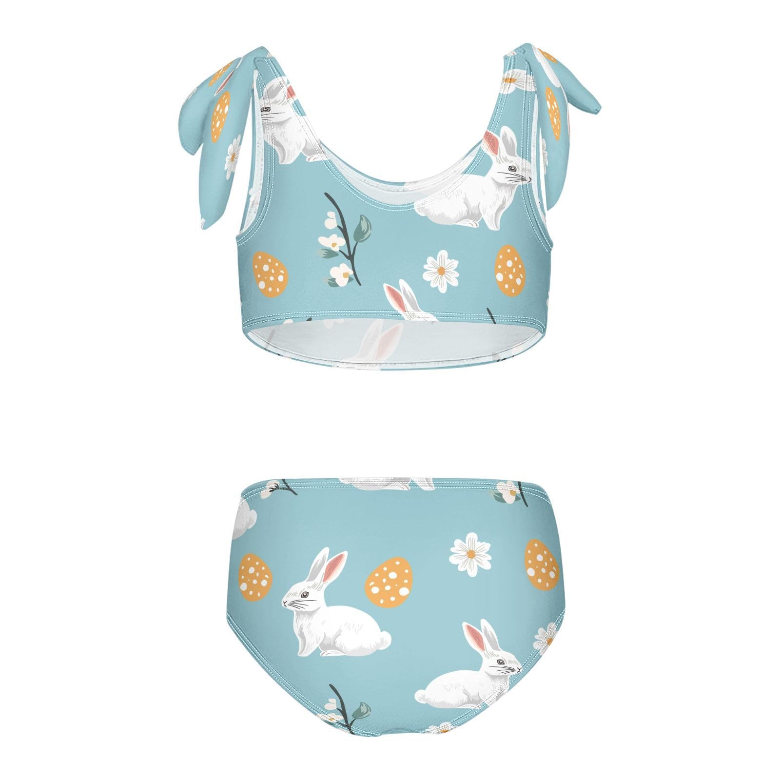 Easter Retro Rabbits Eggs Flowers Girls Swimsuits 2 Piece Bunny Swimwear Bikini Set Beach Bathing Suit for Summer Girl Kids 11-12T