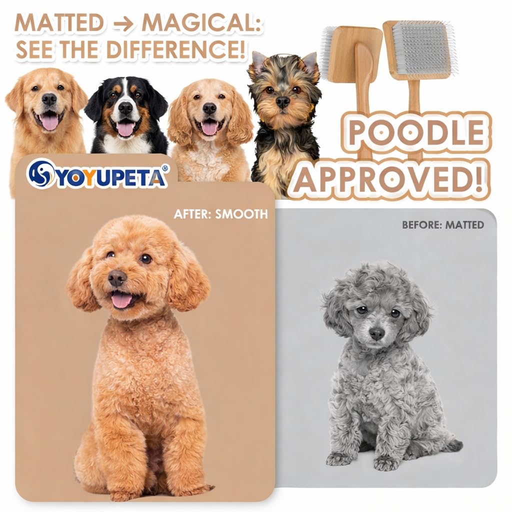 Cepillo largo para perros para caniches, garabatos dorados y gatos, kit de aseo de 3 piezas con peine para desenredar y peine para mascotas, mango de madera grande para eliminar el pelo
