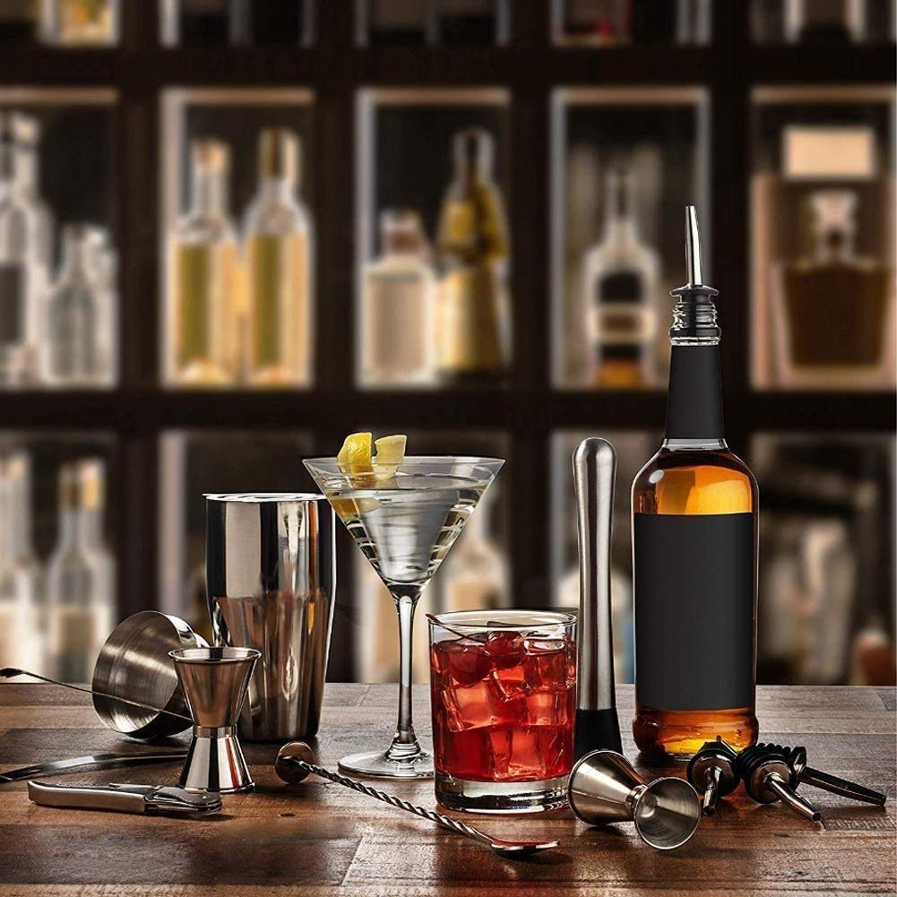 Kit de barman con soporte |Set de barras de cóctel para mezcla de bebidas - Herramientas de barras: Martini Shaker, Jigger, colador, cuchara mezcladora de bar, pinzas |El mejor kit de barman par