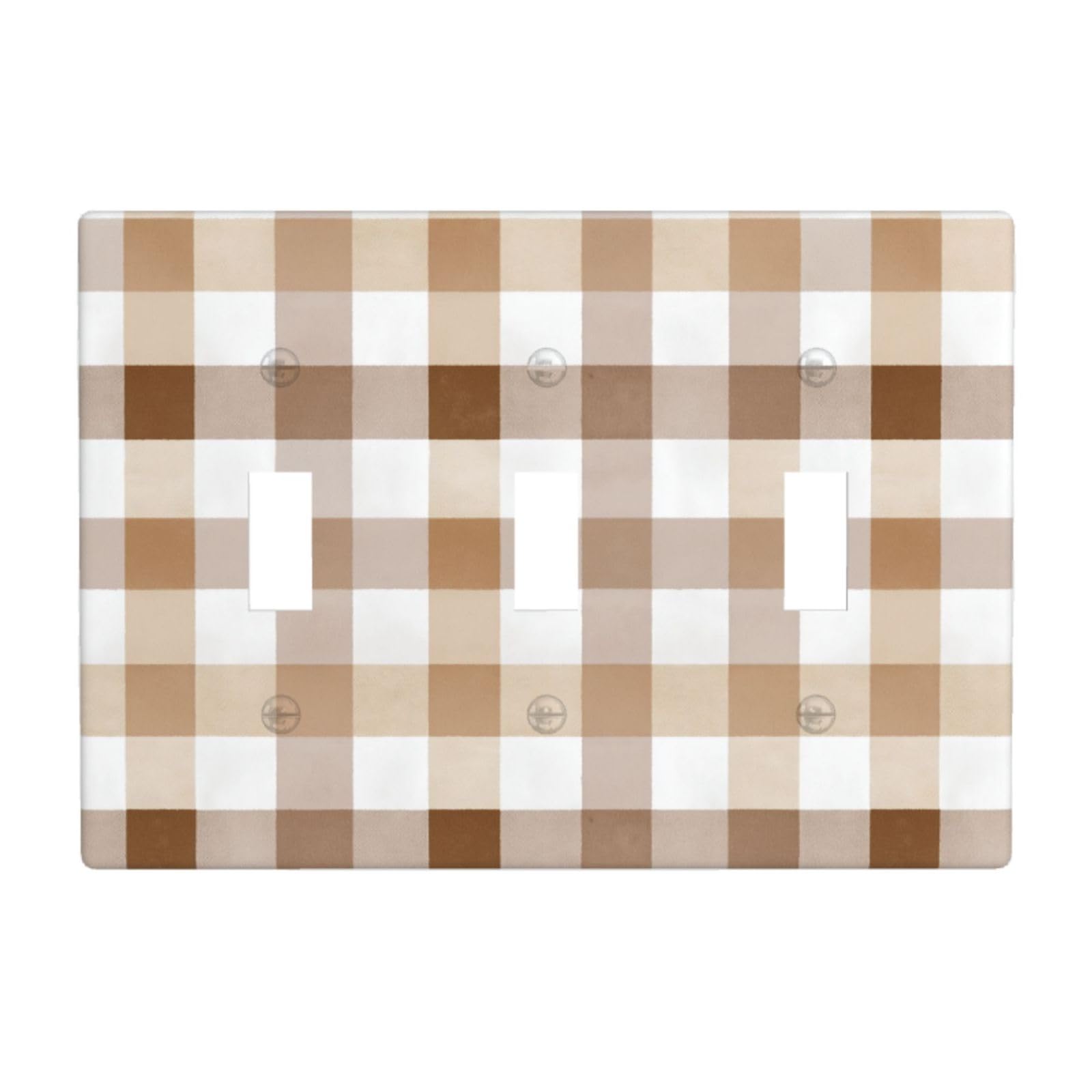 Woshuwo White Watercolor Checkered Pattern Light Brown Light Switch Covers 3 Gang Triple Toggle Wall Plate Switchplate Electrical Faceplate For Bathroom Kitchen Bedroom Decor