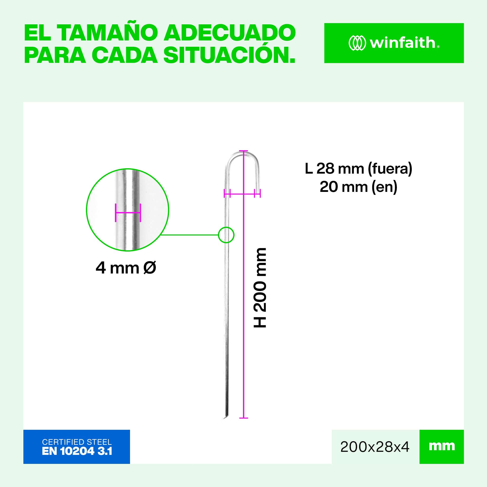 Winfaith 100 Piquetas Sujeta Mangueras de Riego Acero H200 x L20 x D4 mm - Made in Italy EN 10204 3.1 Galvanizado en Caliente - Antióxido Jardín Anclaje Suelo