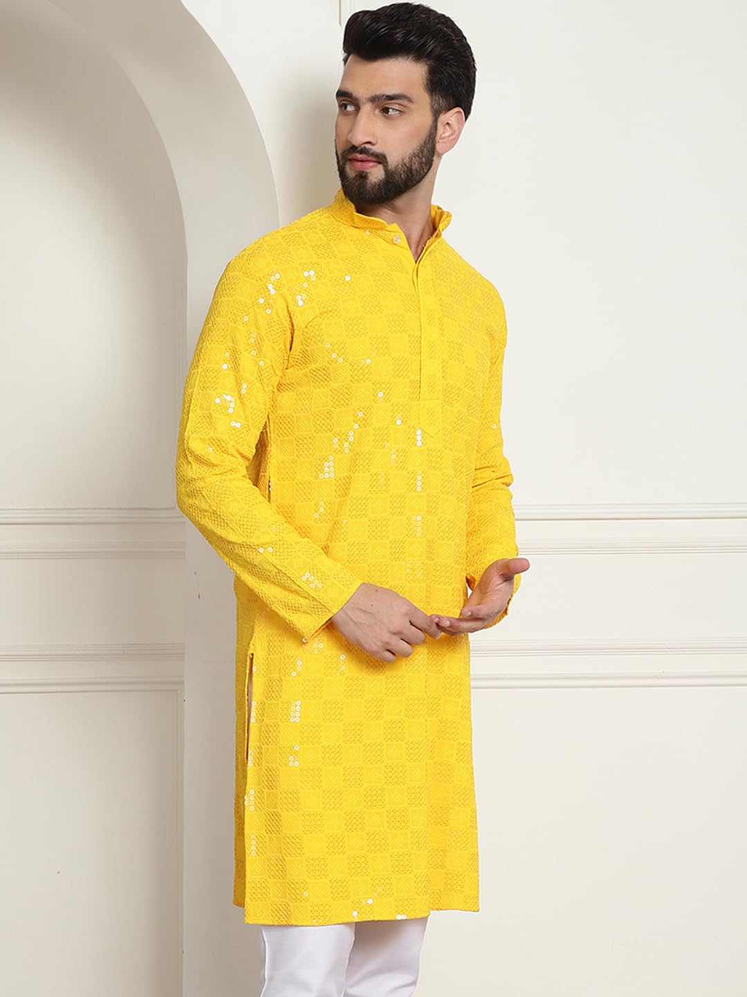Sojanya (Since 1958 Men's Cotton Embroidered Sequinned Mustard Long Kurta