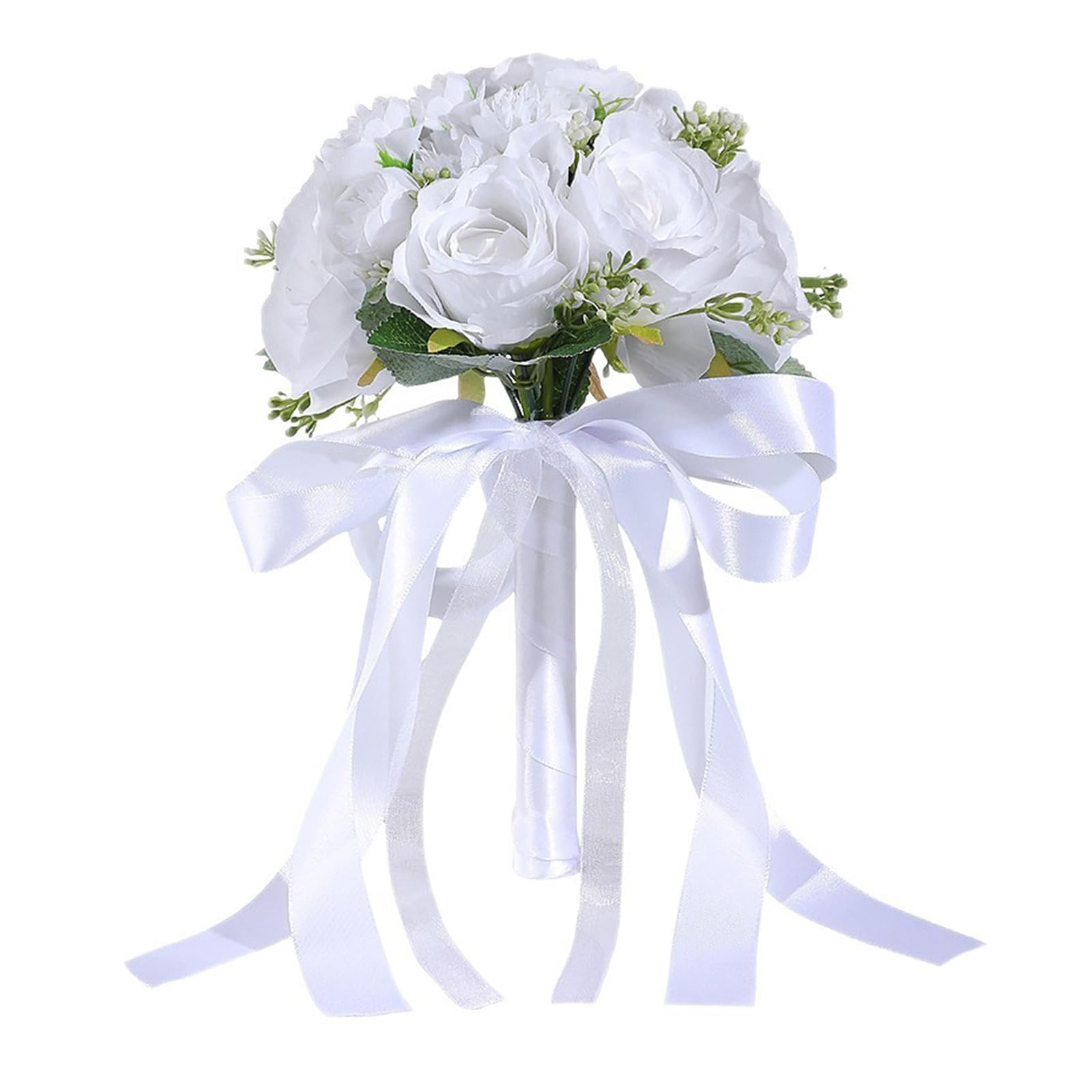 WLNEXT White and Silk Wedding Arrangement Lightweight Flowers for Bride Bridal Party Decoration Elegant Artificial Rose Bouquet with Flexible Stalks White Shade