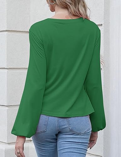 Miniatura 2 de Fanway&EC - Blusas de manga larga con cuello en V para mujer, estilo babydoll, con nudo frontal, volantes en el dobladillo, tops casuales de corte