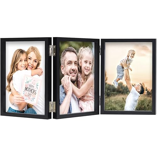3 Picture Frame 4x6 Black Triple Hinged MDF Wood with Glass Front Three Opening Photo Frame Stand Vertical on Tabletop