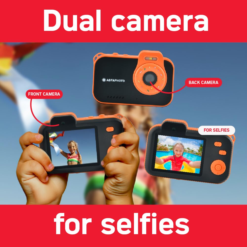 AgfaPhoto Realikids Cam Waterproof 2 - wodoodporny aparat dziecięcy 12 MP, wideo HD, tryb selfie, filtry i ramki, wbudowane gry, czarna bateria litowa