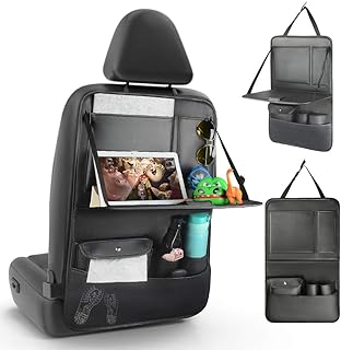 EASY EAGLE Protector Asiento Coche Trasero, PU Cuero Organizadores para coche niños con Plegable Bandeja, Multi Bolsillos Organizadores para Asientos de Coches Contra Dirty, 1 Pieza