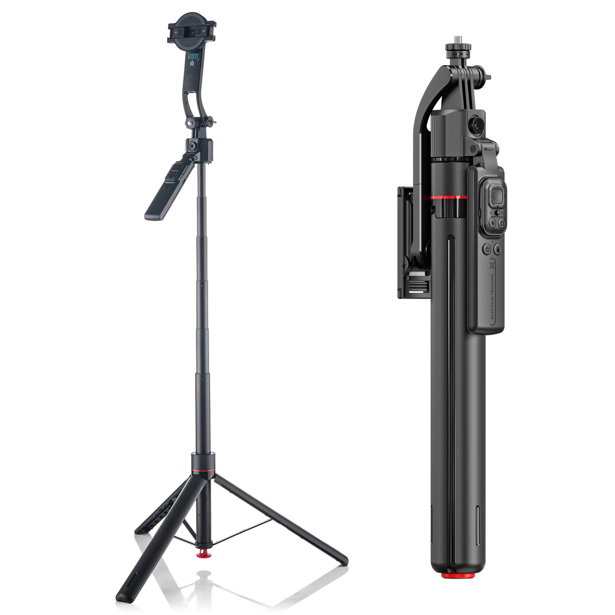 MOJOGEAR TS4 Selfie Stick Tracking Trípode con Auto-Open - 176 cm extensible - con mando a distancia Bluetooth y soporte para teléfono móvil - Trípode inteligente con seguimiento automático