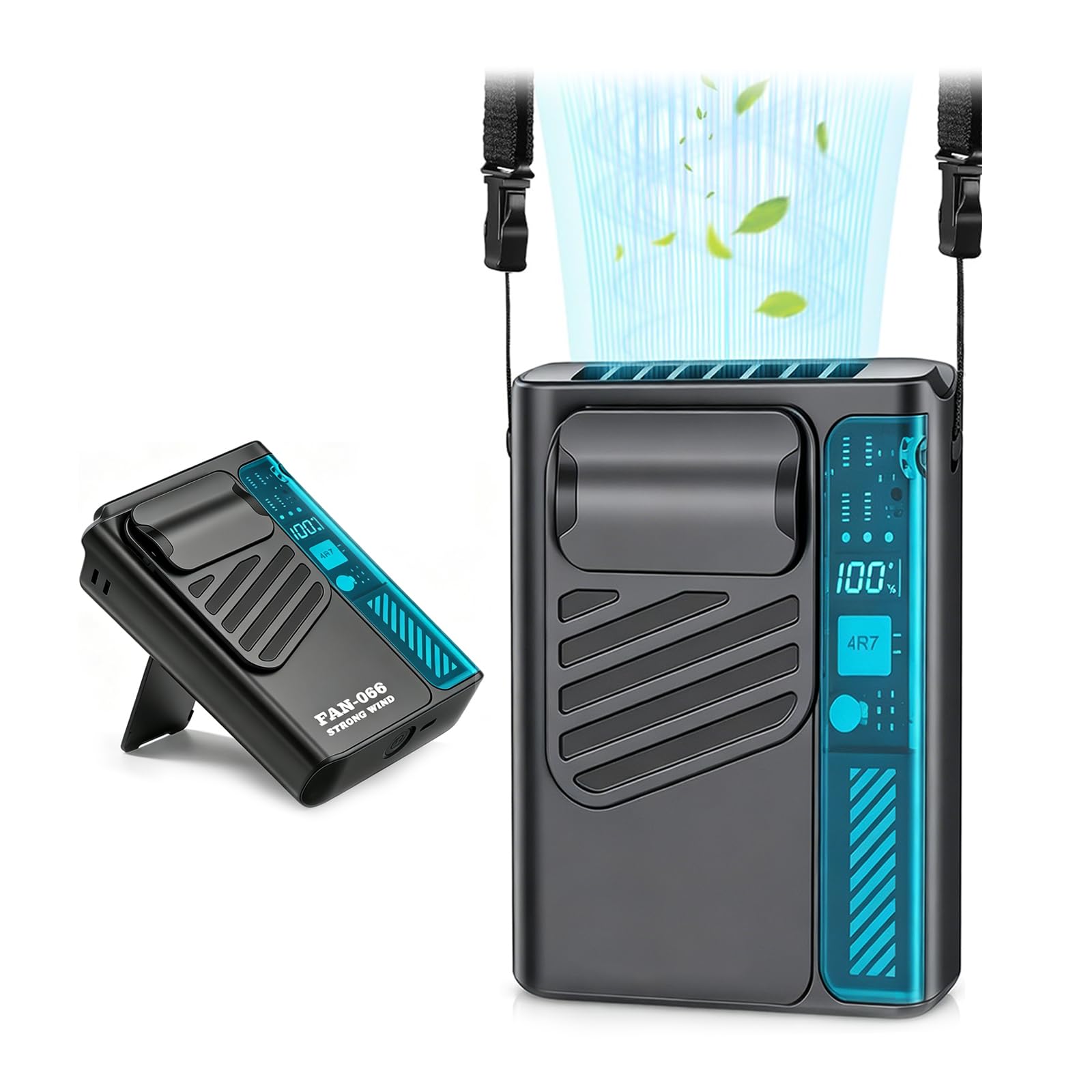 Guirfly1N1 Portable Waist Fan, Clip On Fan with Neck Lanyard Hands-Free, Personal Waist Fan with LED Display, USB Rechargeable 5 Speed, Wearable Fan for Outdoor Work, Fishing, Camping, Farm