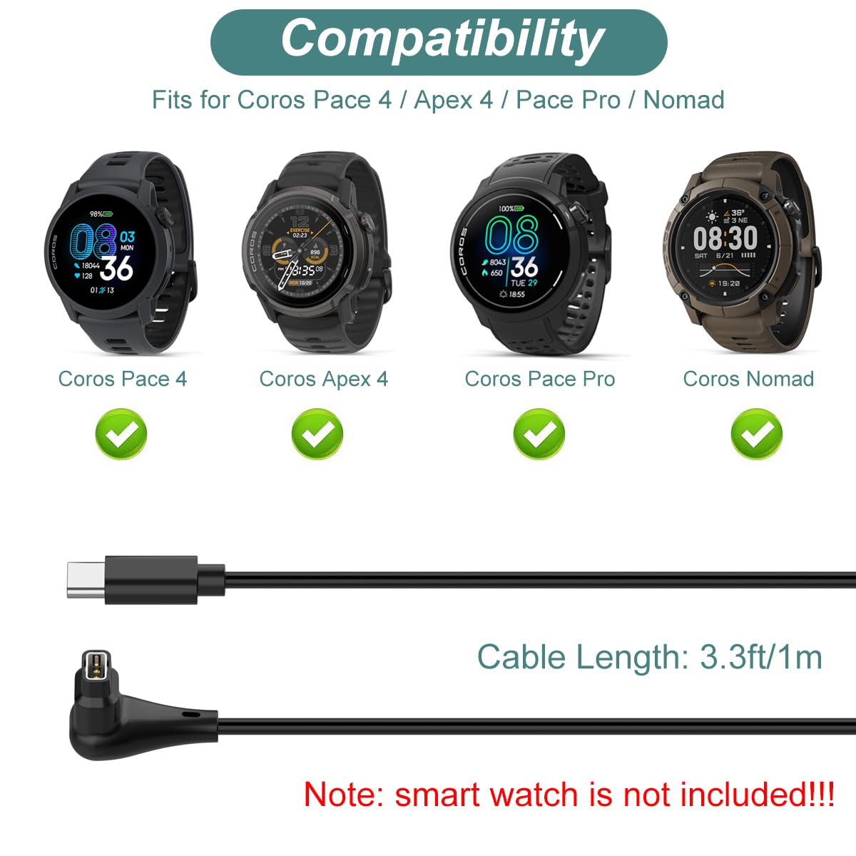 Chargeur pour montre intelligente Coros Pace 4/Apex 4/Pace Pro/Nomad (1 m)