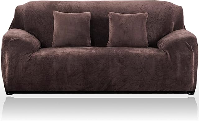 Teynewer Thick Velvet Sofa Covers 1 2 3 4 Seater High Stretch Non-Slip Couch Cover Elastic Furniture Protector Plush Sofa Slipcovers with 1 pillowcase for Living Room Dogs Cat Pet (1 Seater, Brown)