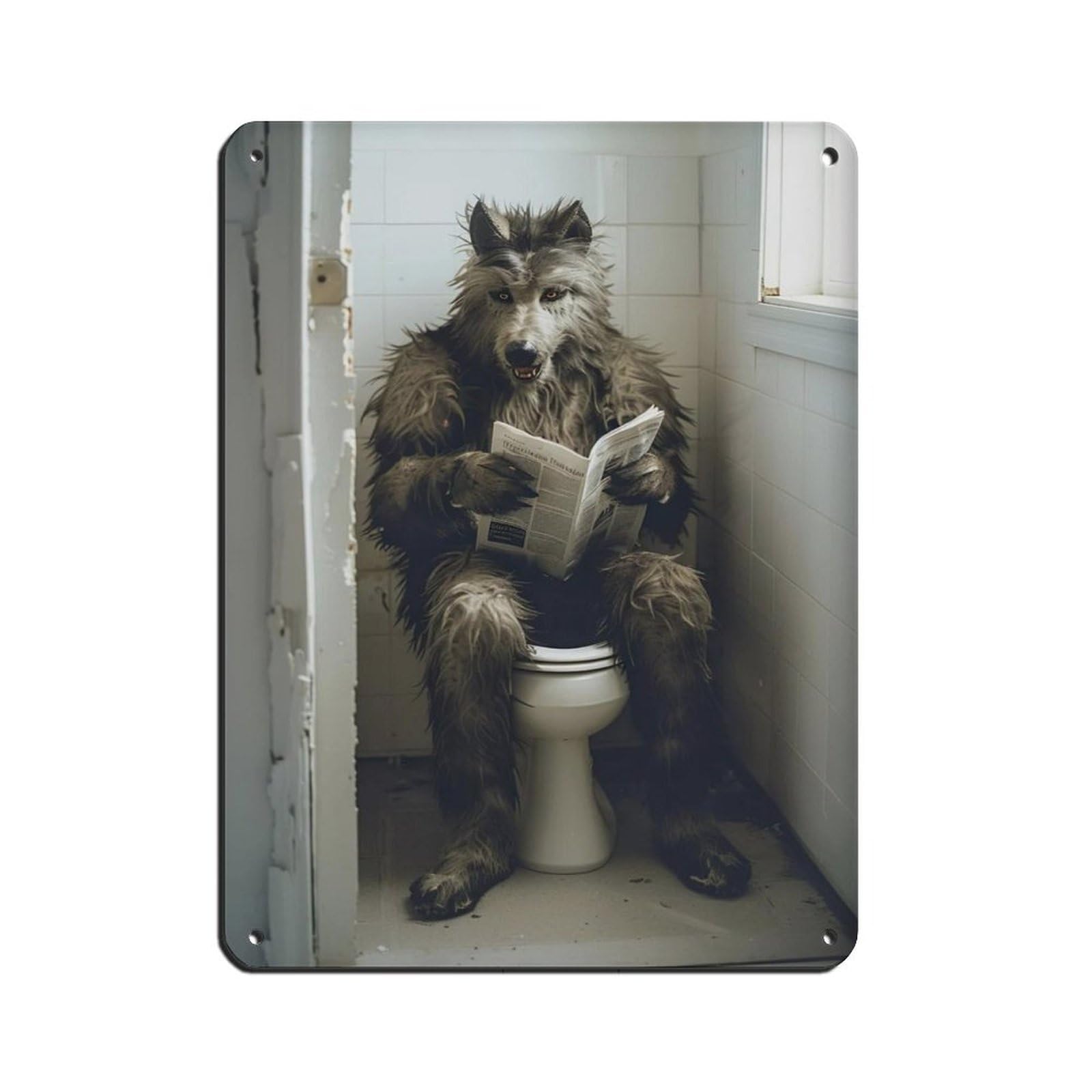 Werewolf Sitting on The Toilet Reading A Newspaper (3) Retro Poster Metal Tin Sign Chic Art Retro Iron Painting Bar People Cave Cafe Family Garage Poster Wall Decoration 12x16inch(30x40cm)