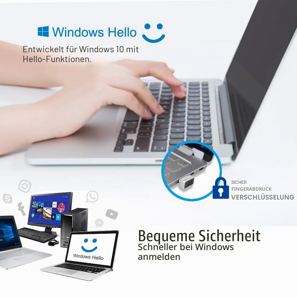 ARCANITE USB-Fingerabdruckleser für Windows 11/10 Hallo, 0,05 s 360-Grad-Sensor-Sicherheitsgerät