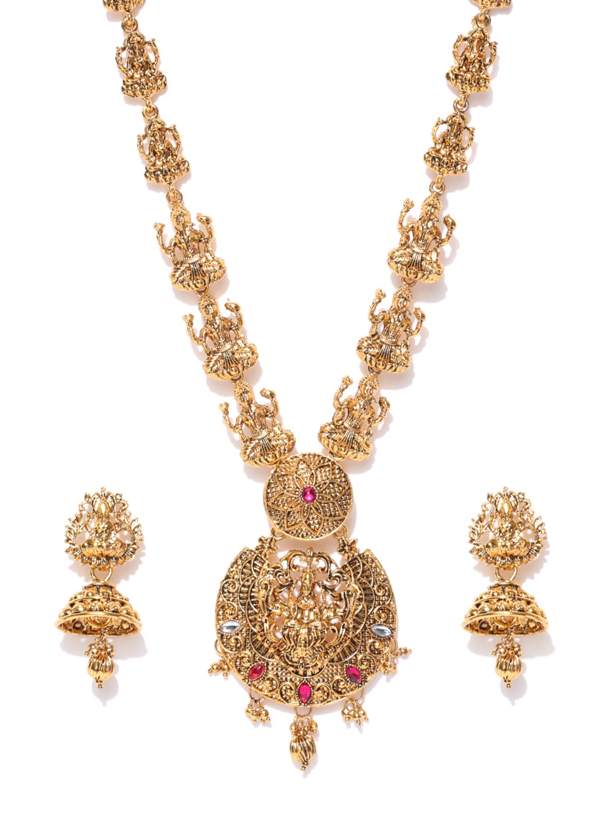 ZAVERI PEARLS Antique Gold Tone Goddess Temple Necklace & Earring Set For Women-ZPFK18627