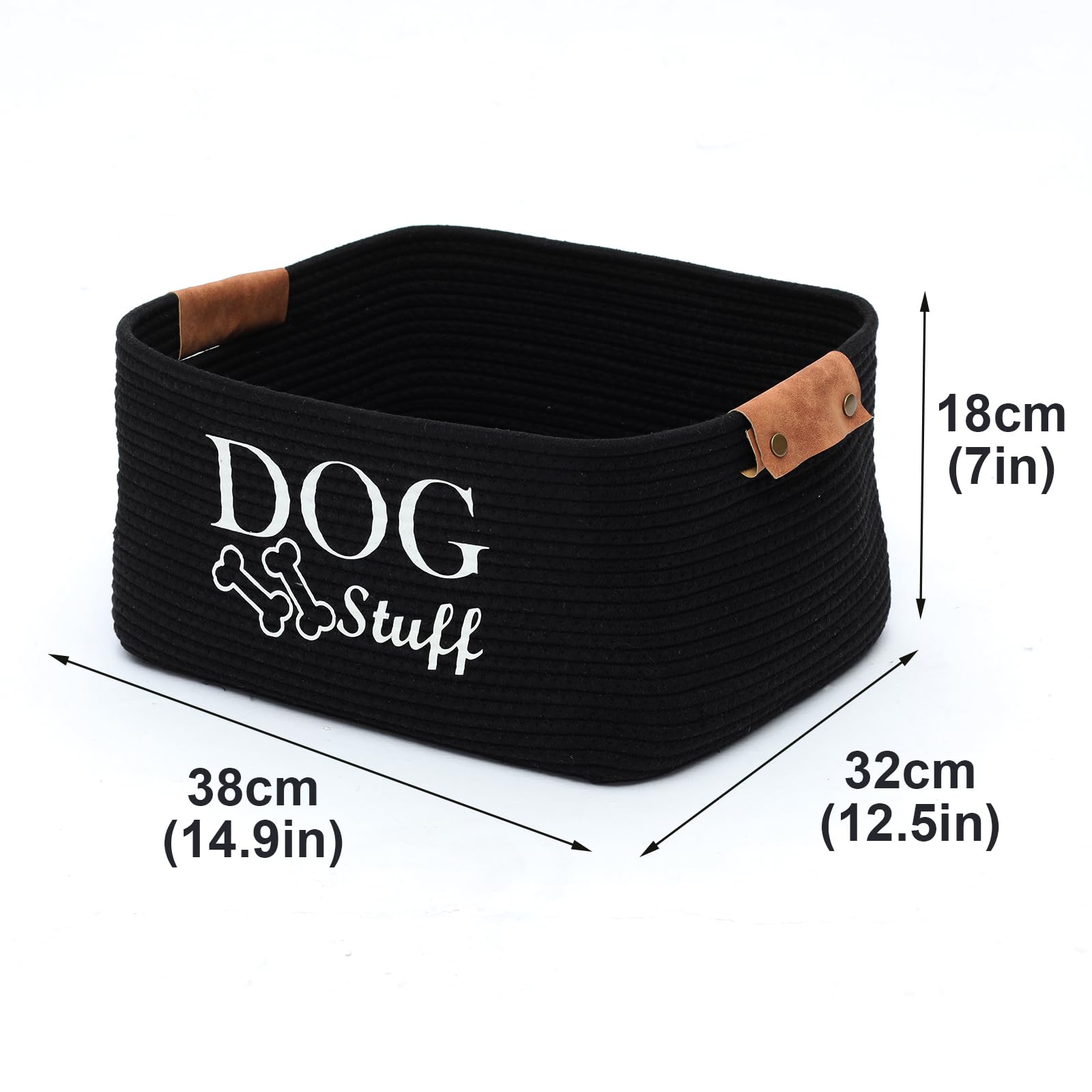 Geyecete-Cestino portaoggetti per giocattoli cani intrecciato in corda di cotone,Con manico in pelle,Portatile Cesto portaoggetti per giocattoli et vestiti/accessori per cane/gatti-Nero