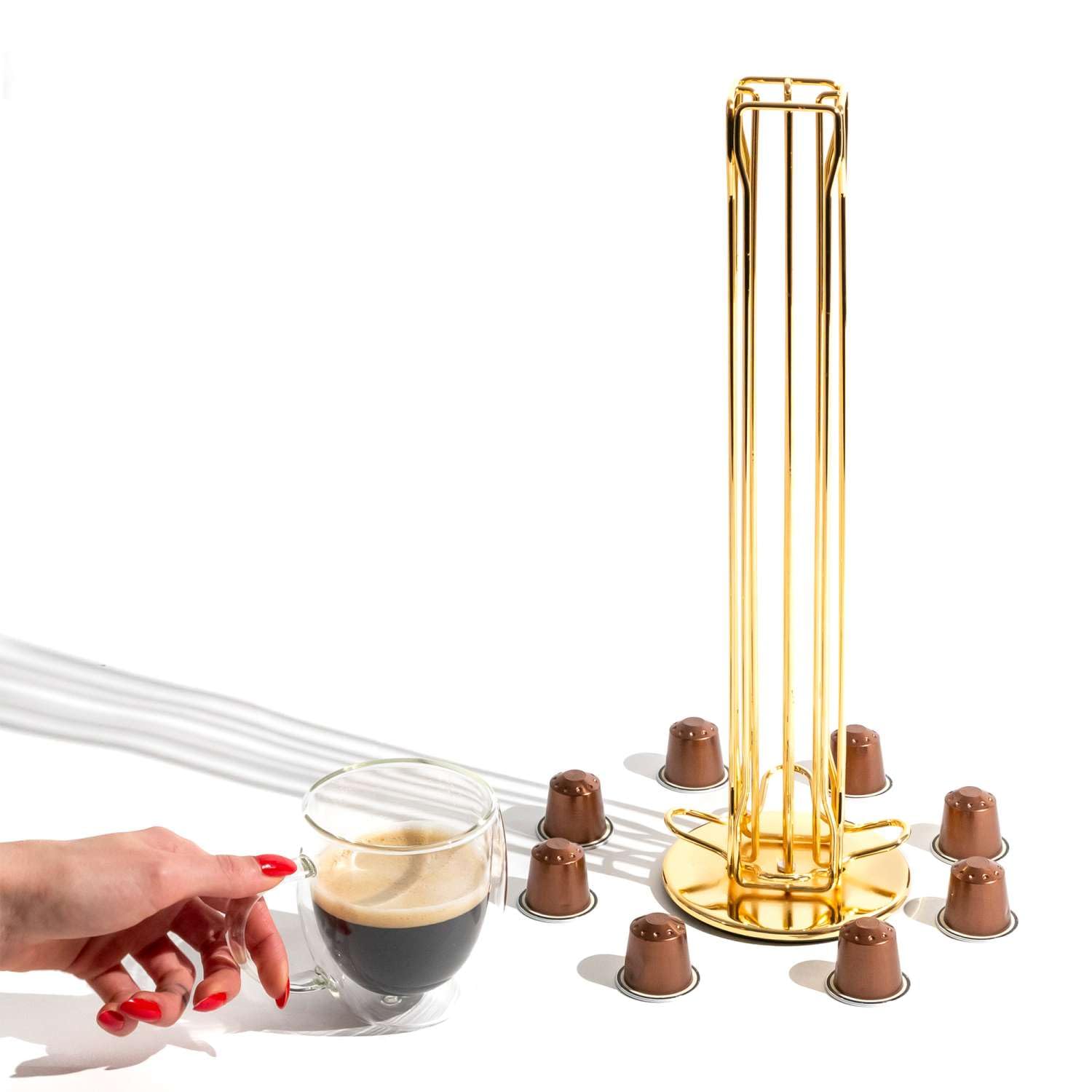 Intirilife Uchwyt na kapsułki do kawy kompatybilny z kapsułkami Nespresso (40 sztuk) z żelaza w kolorze Złotym - 11.5 x 37.5 cm - Obrotowy stojak na kapsułki o 360 stopni, przechowywanie kapsułek