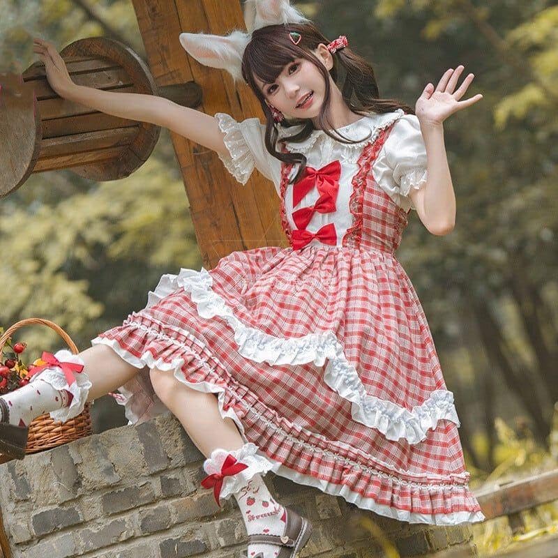 Amazon.co.jp: 2点セット ロリータ チェック柄 メイド服 リボン