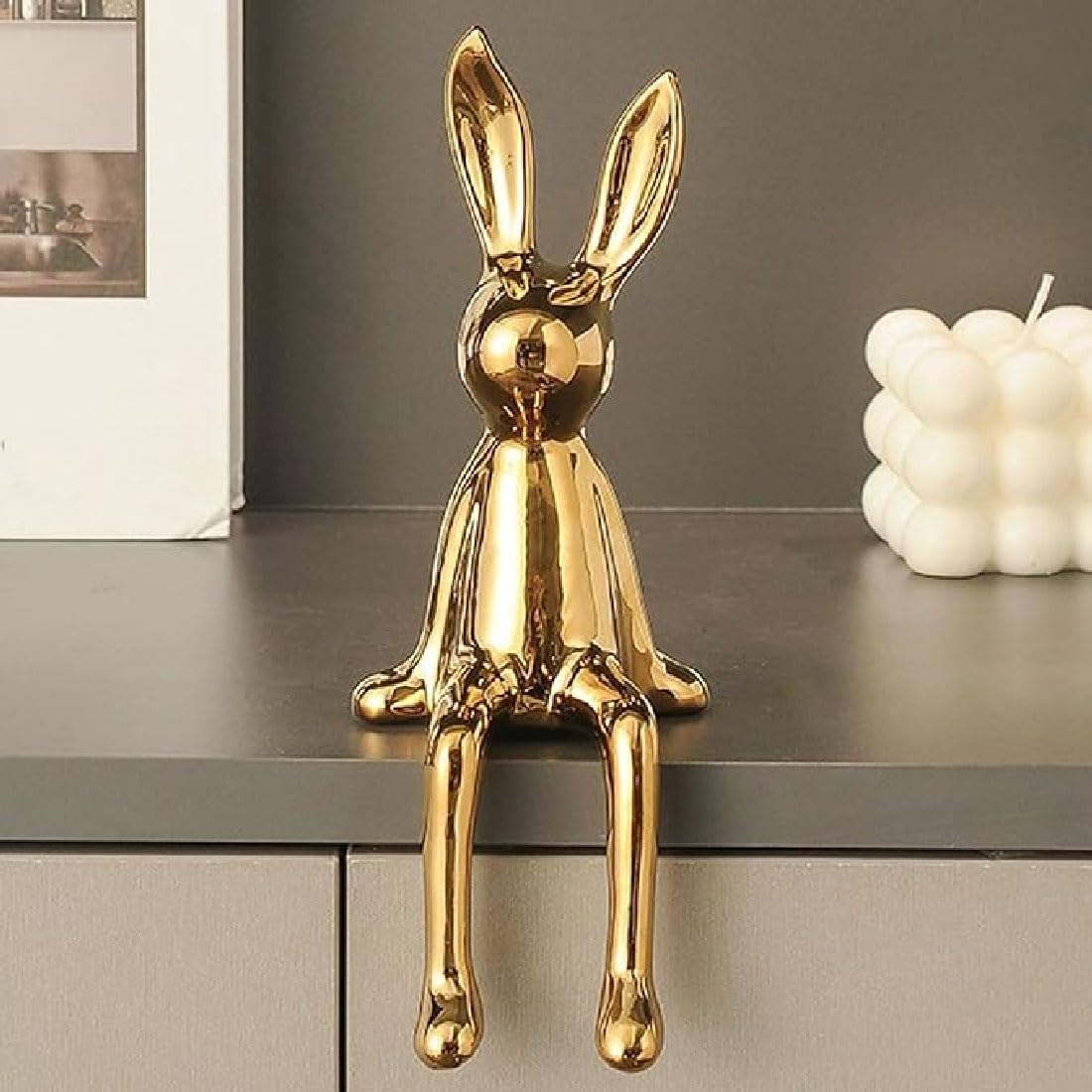Wxqzhf Gold Brass Sitting Bunny, Sitting Bunny For Shelf, Rabbit Statues, Ceramic Animal Bunny Figurines Crafts, Sitting Bunny Ornament,Easter Bunny Figurine Decorations.(Gold)