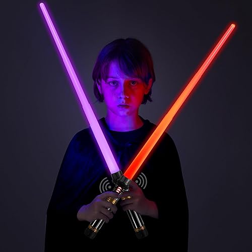 Miniatura 8 de JOYIN Espada LED extensible 2 en 1 con mango dorado, 2 unidades, espadas iluminadas con sonido sensible al movimiento, disfraz de Halloween,