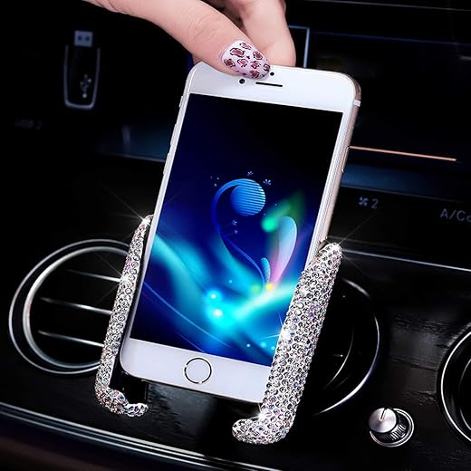 SUNCARACCL Bling Car Phone Holder Mini Car Dash Air Vent Automatic Phone Mount Universal 360°Adjustable Crystal Auto Car Stand Phone Holder Car Accessories for Women and Girls (White)