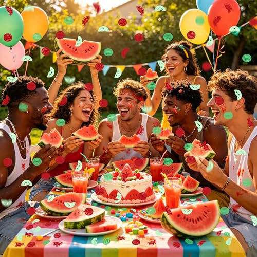 Image of 200Pcs Double-sided Watermelon Confetti Red Green Fruit Paper Confetti for Summer Fruit Baby Shower Boys Girls One In Melon Birthday Party Confetti Summer Fruit Watermelon Party Decorations