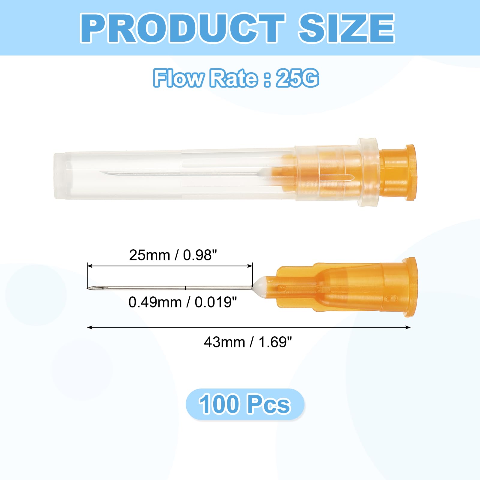 sourcing map Lot de 100 aiguilles distributrices en acier inoxydable de calibre 25 avec Luer Lock - Aiguille distributrice à extrémité pointue de 3,8 cm pour mesurer, remplir les encres, orange