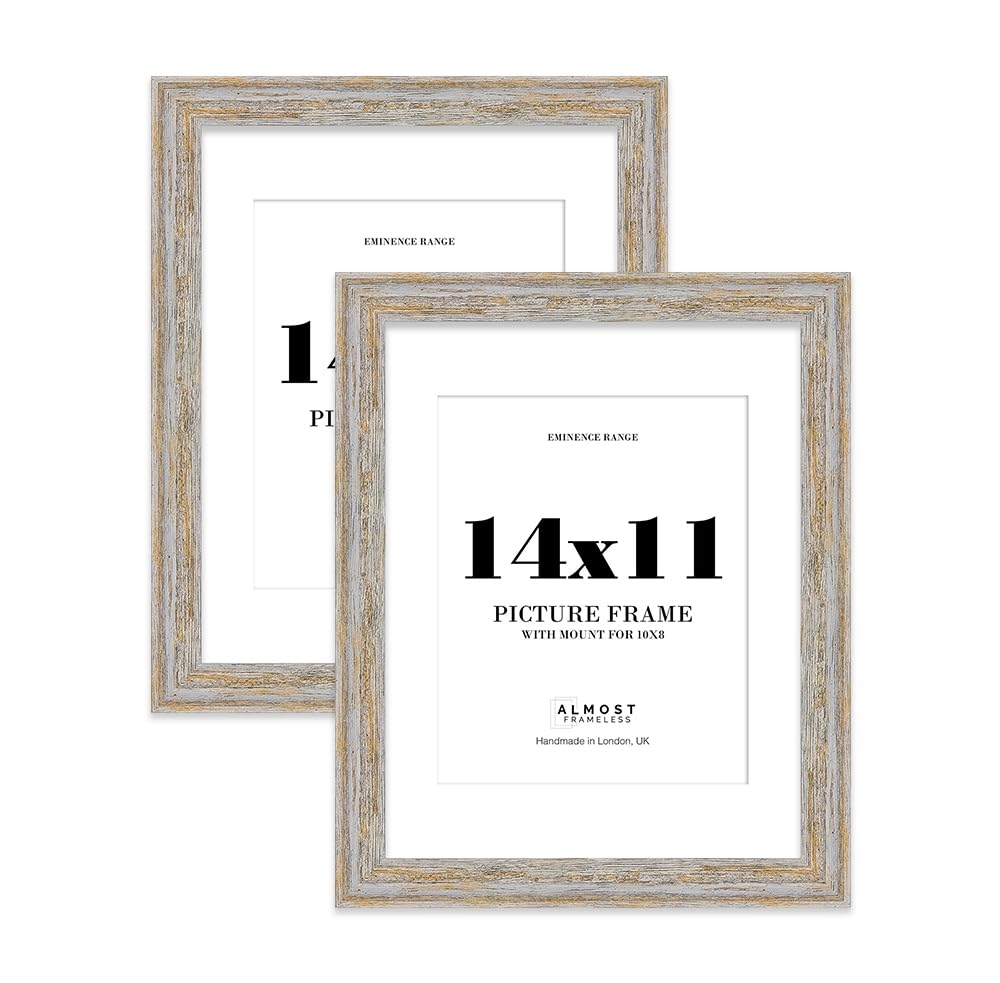 14x11" Walnut Woodgrain Picture Frame with 10x8" Mount - Shabby Chic Photo Frame with Distressed Finish, Wall Hooks and Kickstand, 32mm Edge - 2 Pack โ image 1