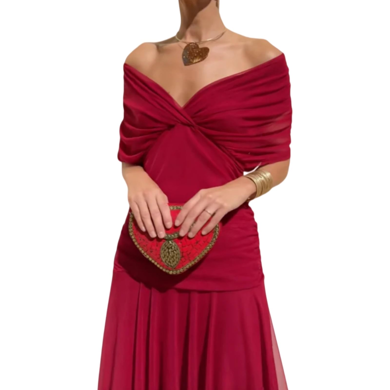 Vestito Donna Stile Francese Mesh Midi Abito V Collo Fuori Spalla Stampato Impiccato Elegante per Le Vacanze, Festa-Green-l