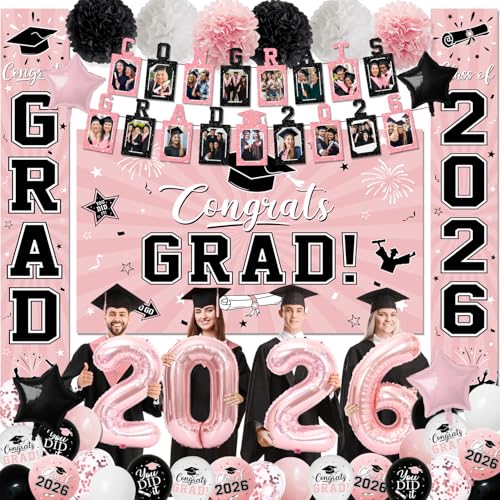 Image of 2026 Graduation Decorations, Pink Themed Class of 2026 Decorations Set, Congrats Grad Backdrop, Photo Banner, Door Banner, Balloons and Pom Poms Supplies for High School College Graduation Party