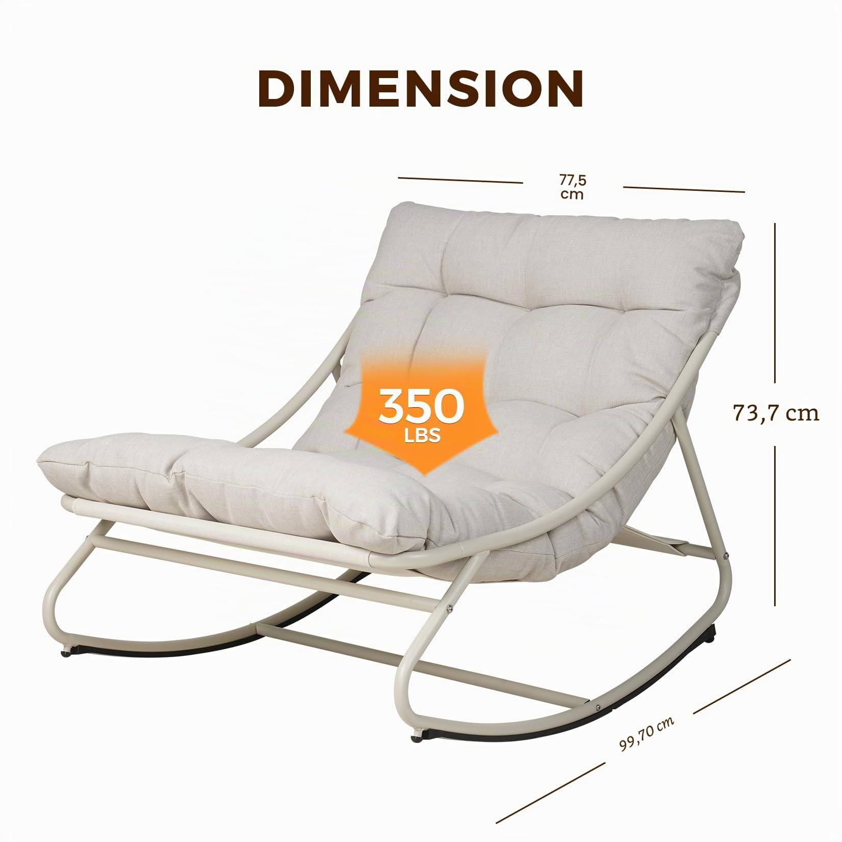 Grand patio Fauteuil à Bascule d’Extérieur avec Coussin – Chaise Relax Ergonomique en Métal, Résistante aux Intempéries, pour Jardin, Terrasse, Balcon & Salon, Jusqu’à 150 kg –Blanc Cassé