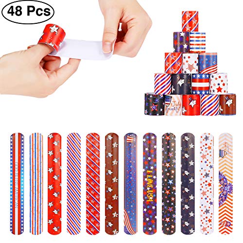 48pcs Slap Bracelets Party Favors 12 Different Designs with Patriotic USA Flag Stars Slap Bands
