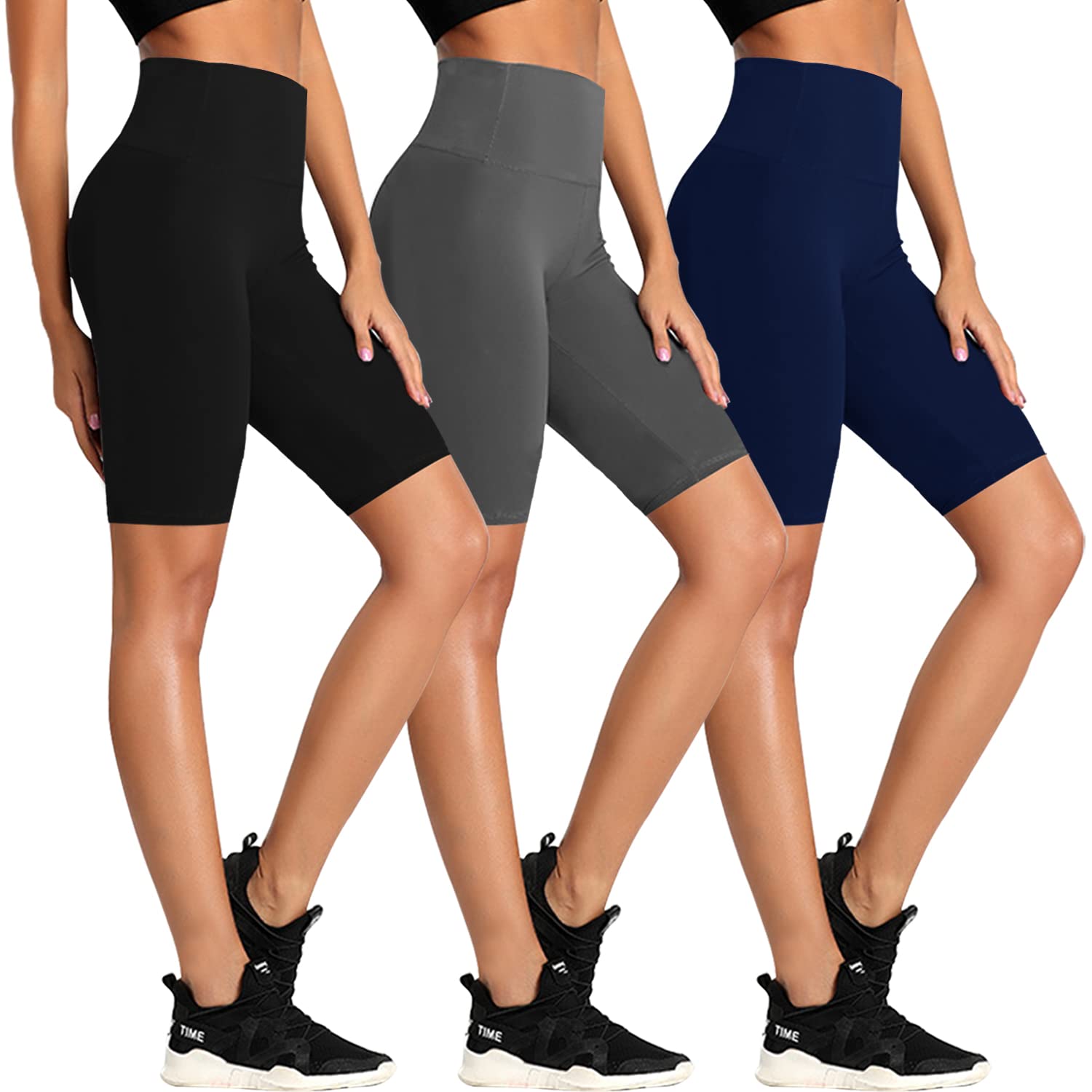 MOREFEELBiker Shorts for Women-3 Pack Women 8'' High Waisted Yoga Workout Running Stretch Spandex Shorts