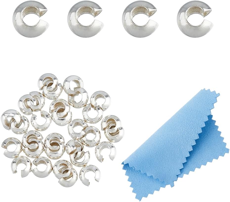 DICOSMETIC 30Pcs 925 Sterling Silver Crimp Bead Knot Covers 3mm Knot Cover Caps Covers Beads End Tip Small Knots Hide Beads Half Round Open Crimp Bead for Jewelry Making