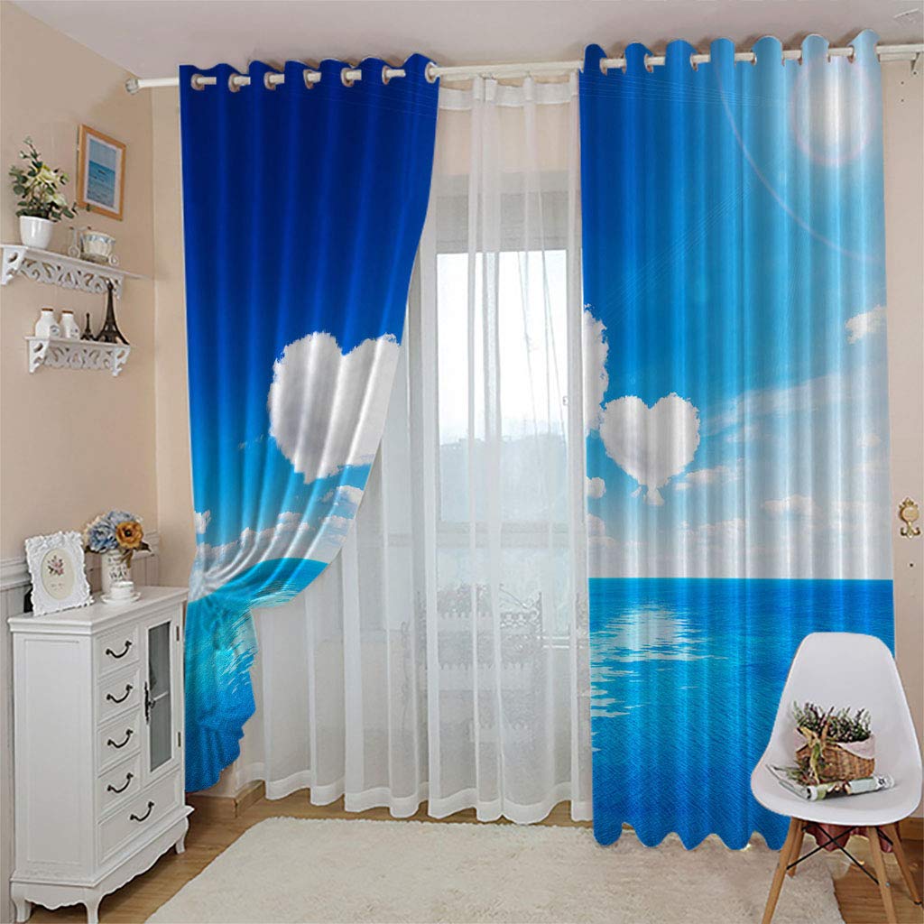 Rideaux Et Draperies Intérieurs 3D Ciel Bleu Coeur Nuage Blanc Motif Rideau Occultant À Oeillets Decoration Salon Chambre Maison pour Enfant Adulte 2 Pièces 280x160Cm Design Moderne Imprimé