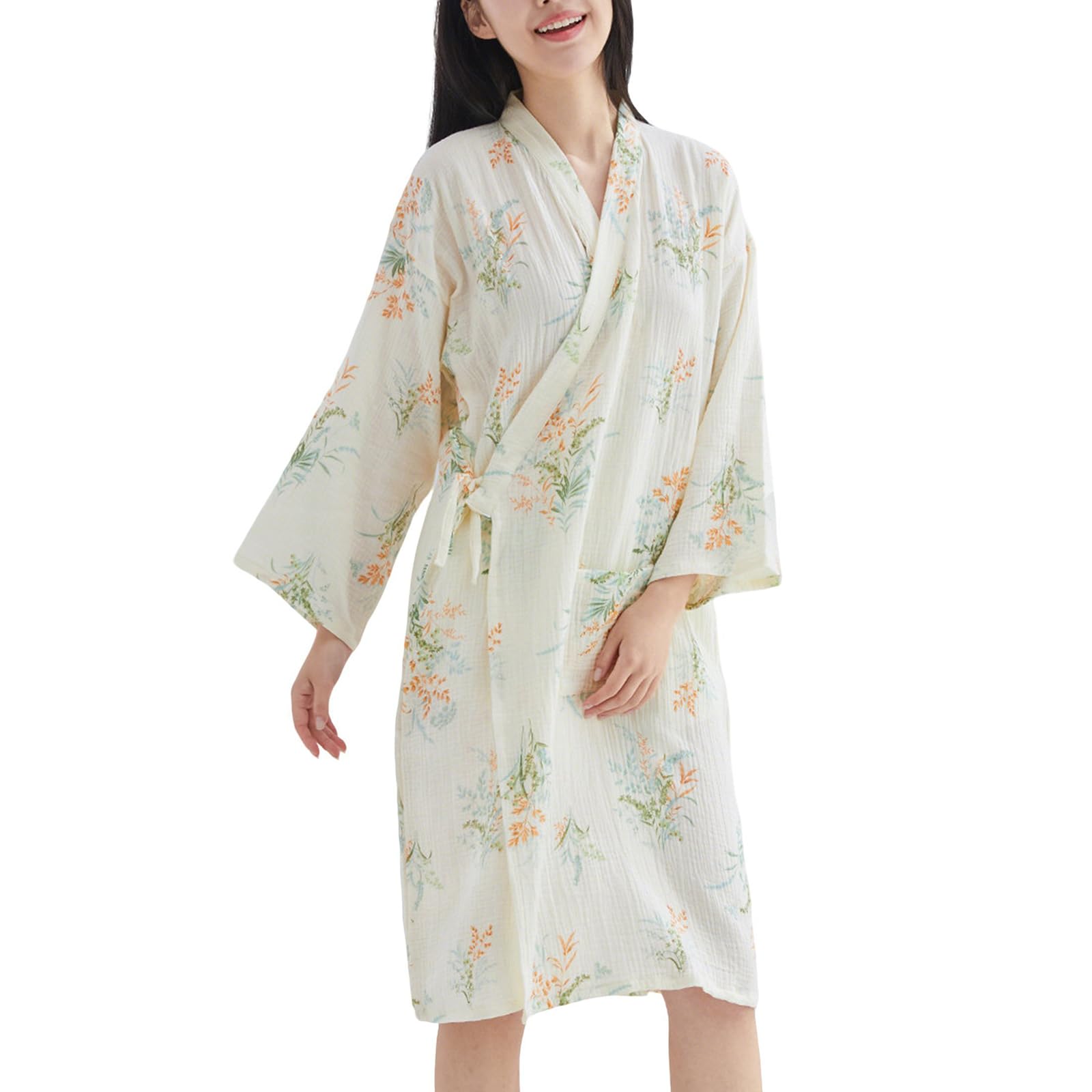 Damskie BawełNiane Szlafroki Gazowe Wygodne z Dekoltem w Serek z DłUgim RęKawem Letnie Lekkie Kimono Szlafroki Do Spa